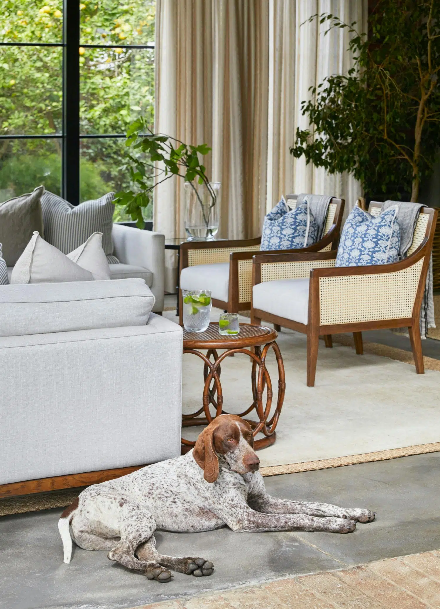 Modern, grey bar stools placed next to dining chairs, a dining table and a wooden console table with decorative accents in the background.