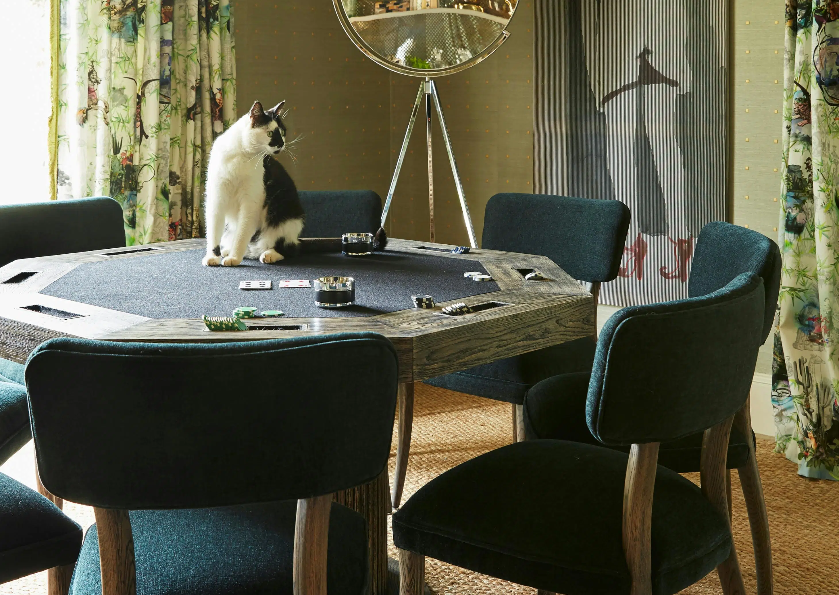 A cat with handsome black-and-white markings sits in the middle of a power table surrounded by chairs. A mirror stands in the corner of the room beside an artwork showing an outline of a person wearing red high heels.